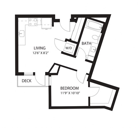 Floor plan for 1 bed, 1 bath, 588 sqft
